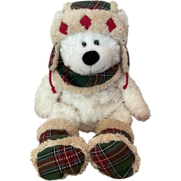 Hugfun White Plush Teddy Bear Plaid Hat Mittens Winter Stuffed Animal 18" - Picture 1 of 4